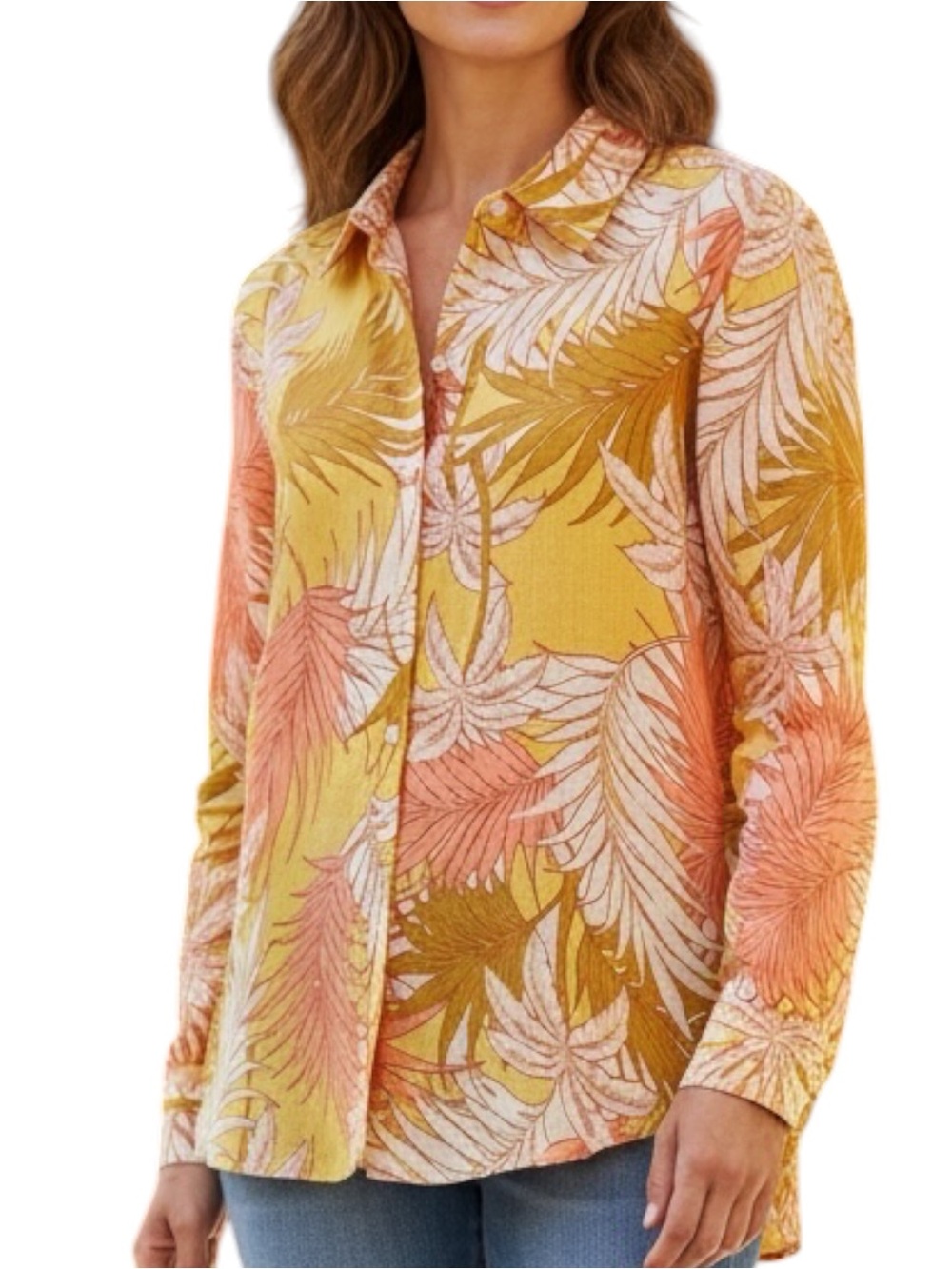 Tahari Sz LARGE 100% Linen Tropical Leaf Button-Up Shirt Blouse Summer Resort
